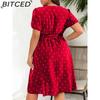 BITCED Plus Size Women's Elegant Vintage Polka Dot Waist-Tied Square Neckline Full-Skirt Dress