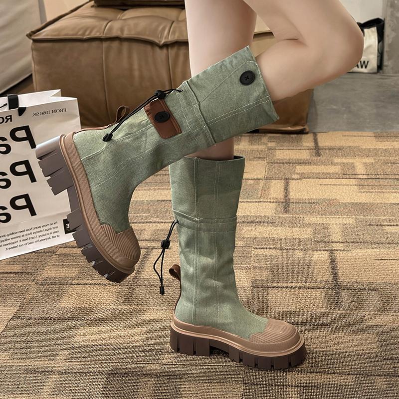 Bottes de cowboy occidentales de style rétro pour femmes, bottines longues à talons épais et à la mode, chaussures en denim pour femmes, automne et hiver