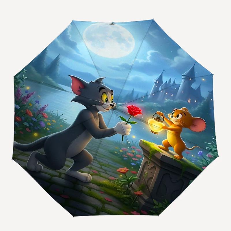 

1pc Tom and Jerry Automatic Folding Umbrella - Compact 8-Rib Design, Durable Plastic & Iron1438L