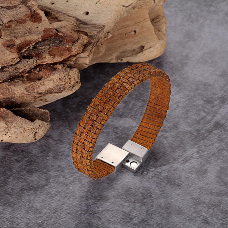 REPTILE LEATHER BRACELET   stainless steel reptile design bracelet with light brown woven genuine italian leather