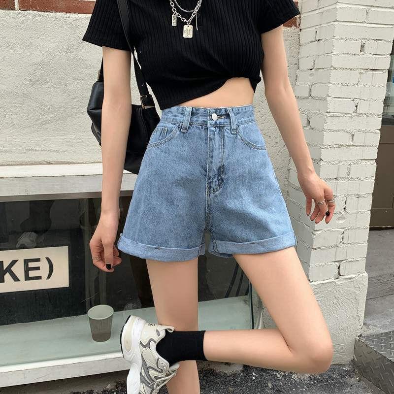 New Summer Korean Style Slim Curly Wide-leg A-line Pants Simple and Versatile Solid Color Denim Shorts for Women