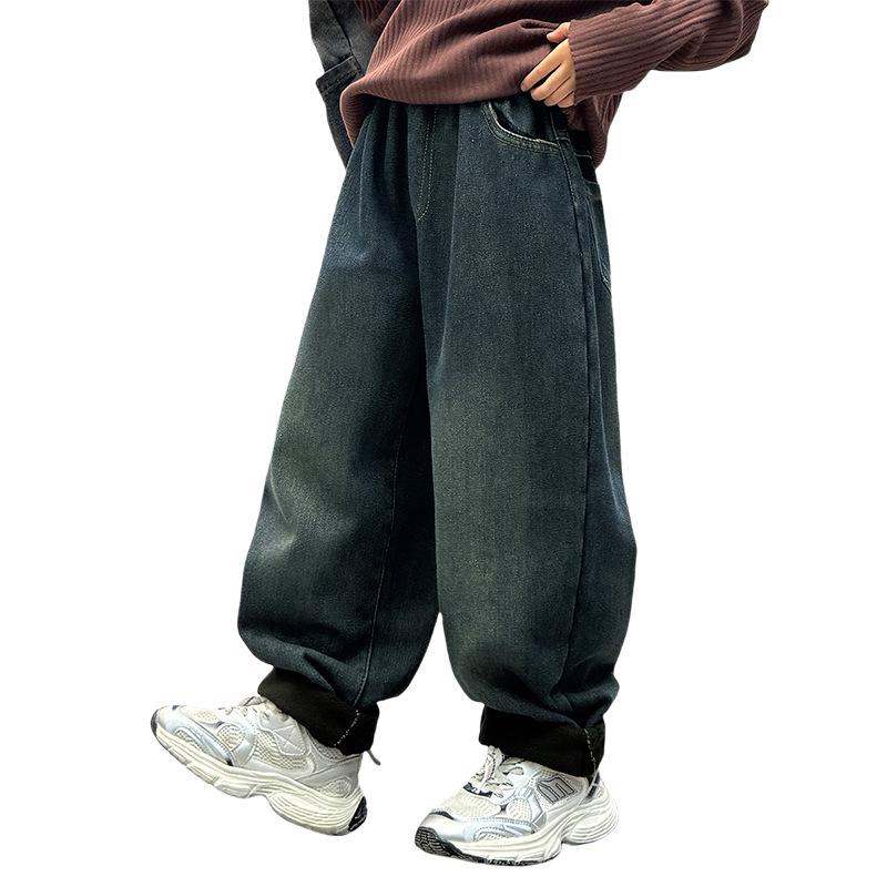 2025 Autumn/Winter Boys' Fleece-Lined Thick Jeans - Trendy & Warm One-Piece Pants for Kids