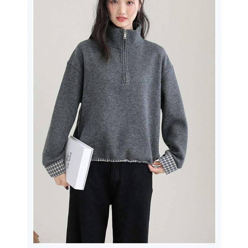 Stand-up Collar Velvet Half-zip Sweatshirt for Women Autumn and Winter New Thickened Warm Plaid Splicing Top