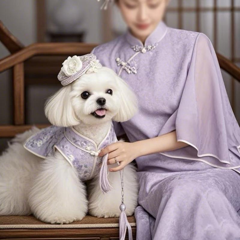 

Pet summer dress dog skirt spring and summer thin breathable light teddy elegant new cheongsam XS chest 30 back 20 about 1 kg фиолетовый