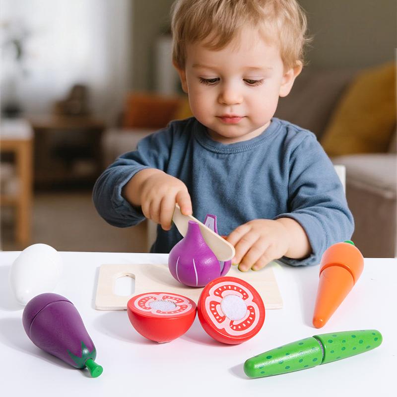 Pretend Cutting Play Food Wooden Toys,Children's Kitchen Educational Early Learning Enlightenment Colorful Food Awareness Game