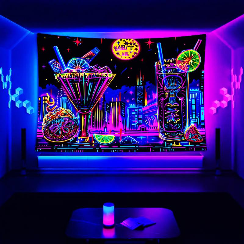 UV Reactive Fluorescent Wine Glass Tapestry - Black Light Responsive Wall Art Room Decoration