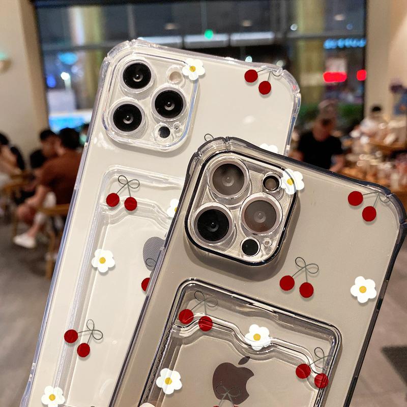 Card Holder Cherry Phone Case For iPhone 13 Funda iPhone 11 16E 16 14 15 Pro Max 12 XR X Xs 7 8 Plus SE Shockproof Silicon Cover