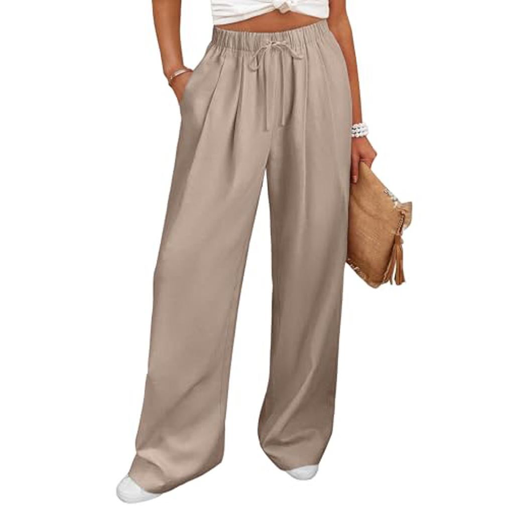 Damen Elastische Hose mit Hohem Bund Lässige Passform Weites Bein Lange Hose Hose mit Taschen