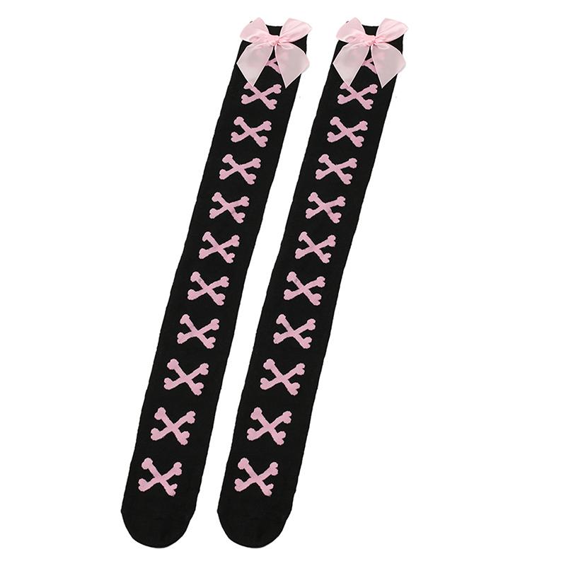 1 Paar Mädchen Schwarz Süß Niedlich Rosa Y2K Harajuku Lolita Oberschenkelhohe Strümpfe Mädchen Knochen Schleife Socken Streetwear