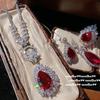 Gema Vermelha Sangue de Pombo de Mogok em Forma de Gota d'Água, Colar, Antigo, Banhado a Ouro 18K, Flor Magenta Zircônia para Senhora, Brincos