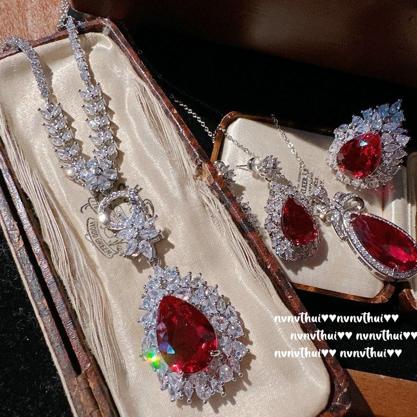 Gema Vermelha Sangue de Pombo de Mogok em Forma de Gota d'Água, Colar, Antigo, Banhado a Ouro 18K, Flor Magenta Zircônia para Senhora, Brincos