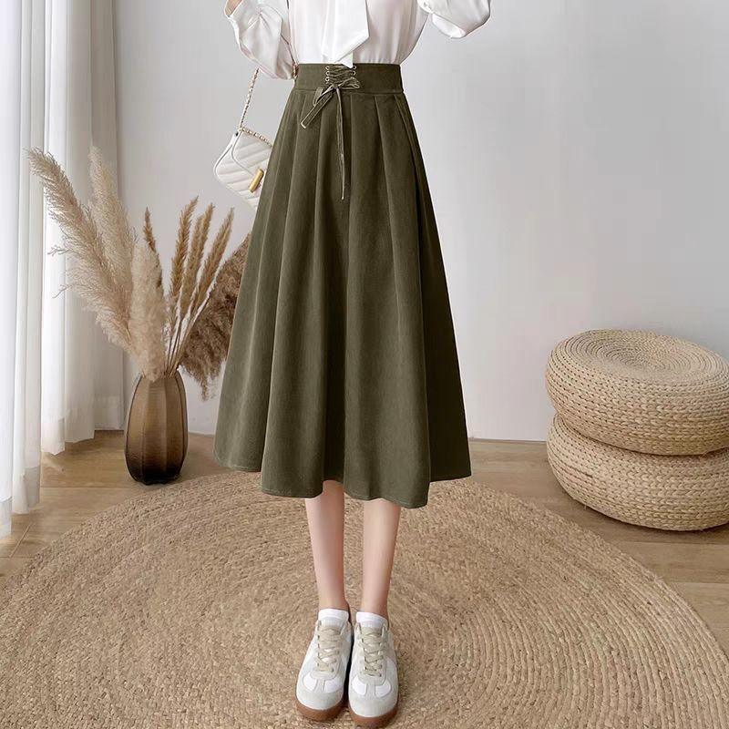 Niche Waist-Tied Women's Autumn Winter Long Midi Skirt A-Line Slim-Fitting Flared Skirt