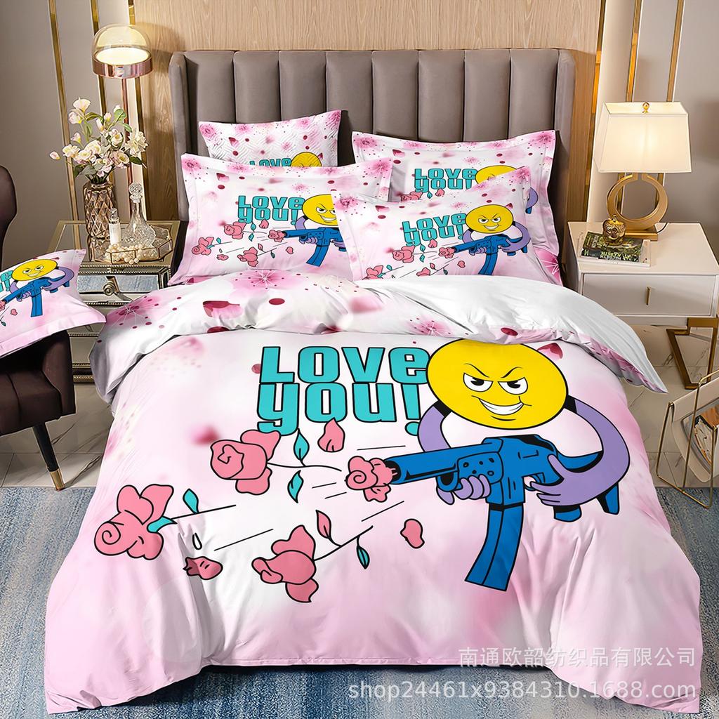 Heiß verkaufte 3D Digitaldruck Hip-Hop Graffiti Smiley Gesicht Bettwäsche Kissenbezug Bettbezug Dreiteiliges Set