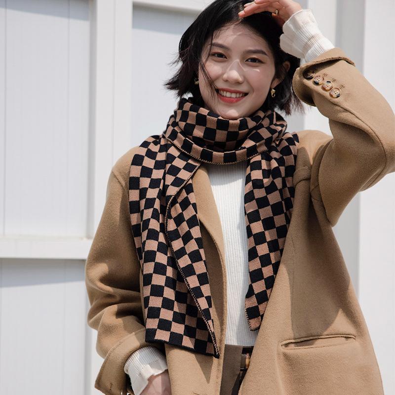 Checkerboard Scarf New Warm Mid Length Printed Plaid Scarf Japanese and Korean Sweet Knitted Scarf for Women