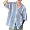 Summer Men Shirt Knitted Color Matching Lapel Elastic Japanese Style Single-breasted Short Sleeves Retro Antu-shrink Casual Vacation Beach Top