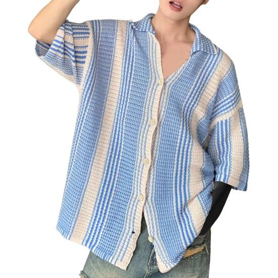 Summer Men Shirt Knitted Color Matching Lapel Elastic Japanese Style Single-breasted Short Sleeves Retro Antu-shrink Casual Vacation Beach Top