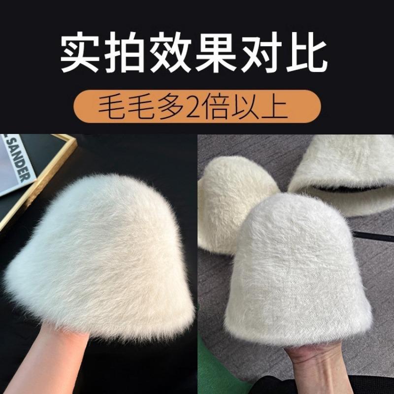 Rabbit Fur Hat Female Winter Big Head Circumference Bucket Hat Showing Face Small Plush Hat Warm Fluffy Bucket Hat