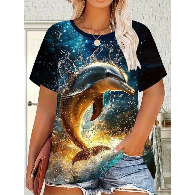 Casual Fashion Simple Abstract Painting Animal Sea Dolphin Breathable 3D Printed Round Neck Short Sleeve T-shirt Casual Sports Shirt