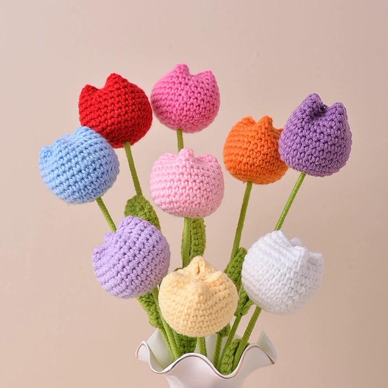 Simulated Crochet Tulips Carnations Red Roses DIY Handmade Flower Bouquets Birthday Gifts Wedding Souvenirs Mother Teacher's Day
