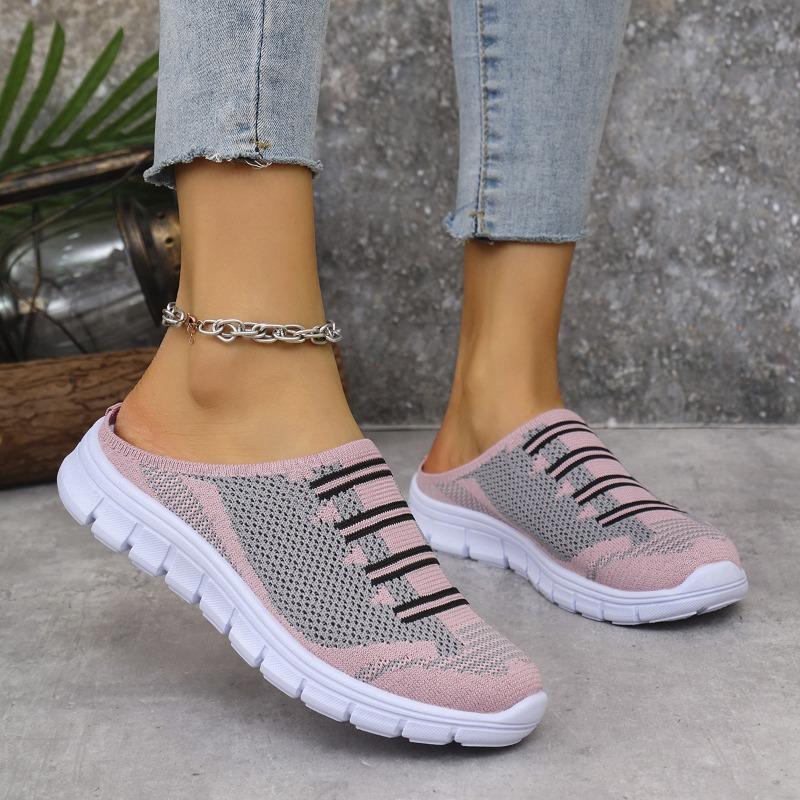 Knitted Half-slip-on Women's Shoes, Casual and Fashionable, Large Size, Lightweight, Breathable, Flat Sole, Single Shoe, Walking Sports Shoes