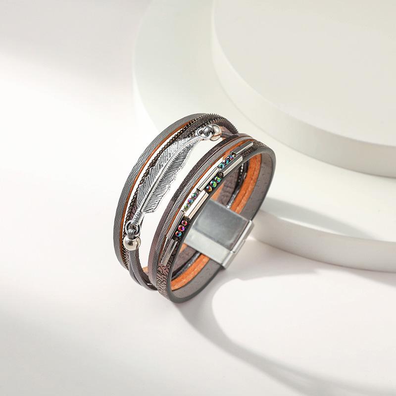 Bohemian Style Multi-layer PU Leather Bracelet Women's Leaf Magnet Buckle Jewelry Accessories