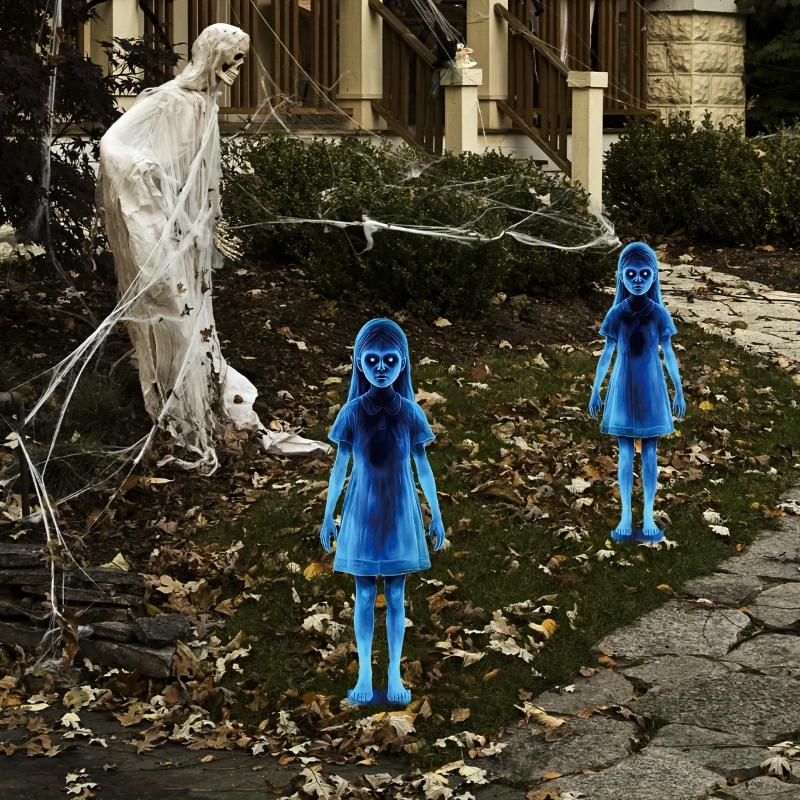 2pcs Halloween Scary Ghost Girl Garden Stake Twin Female Ghost Courtyard Insertion Outdoor Decor Lawn Patio Haunted Metal