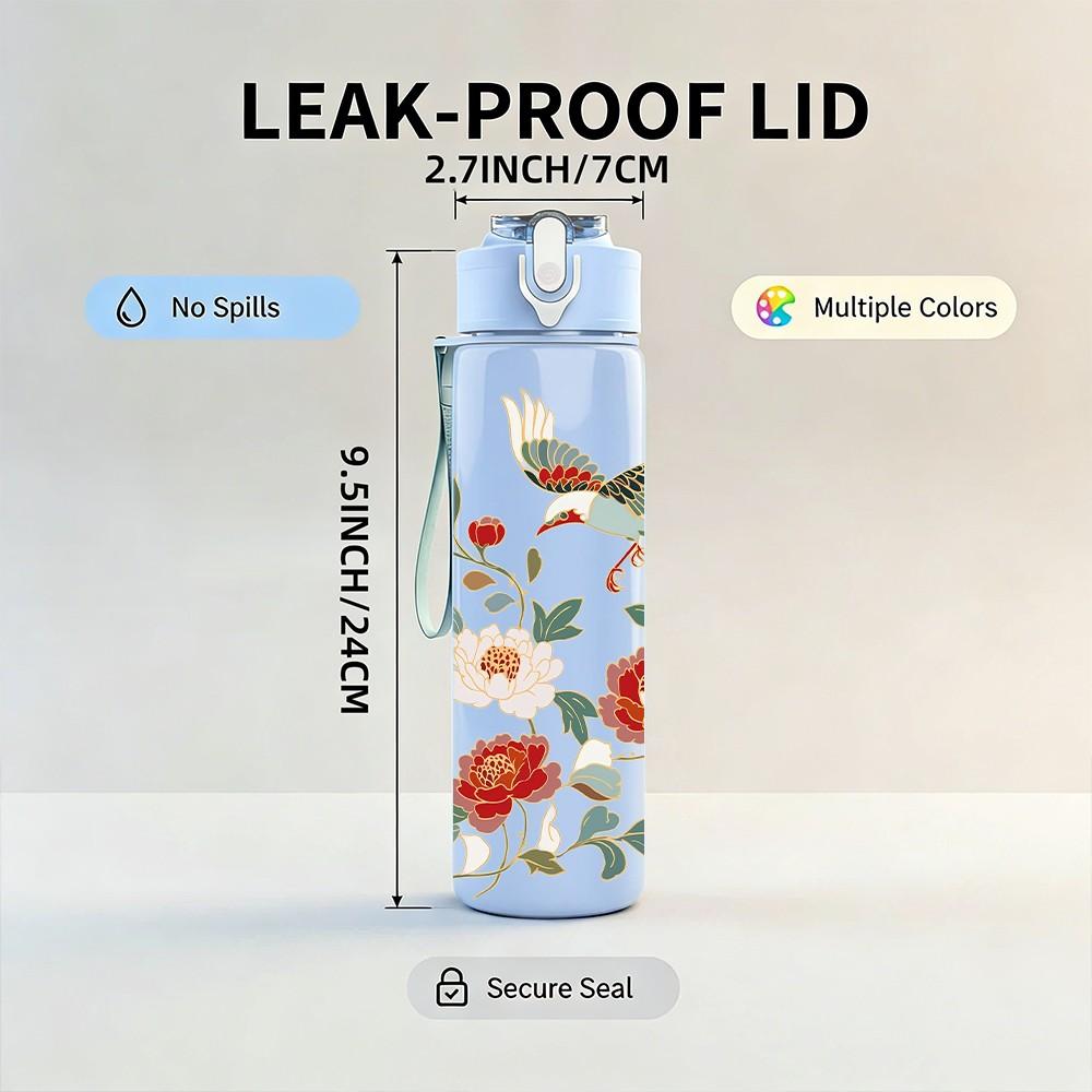 1PC Red Floral Watercolor Vintage Pattern 750ml Color Plastic Sports Water Bottle Leakproof Flip Straw Lid Suitable for Sports Office Home Use