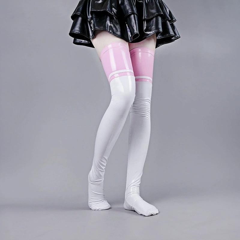 Pink White Pvc Latex Stockings Contrast Color Patchwork Oil Shiny Stockings Faux Leather Party Dance Wear Cosplay Costumes