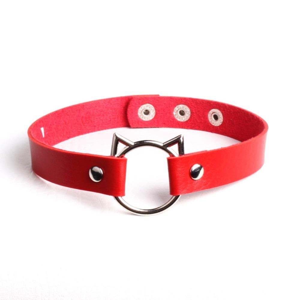 Punk Cute Cat Head PU Leather Collar Kawaii Clavicle Necklace for Street красный