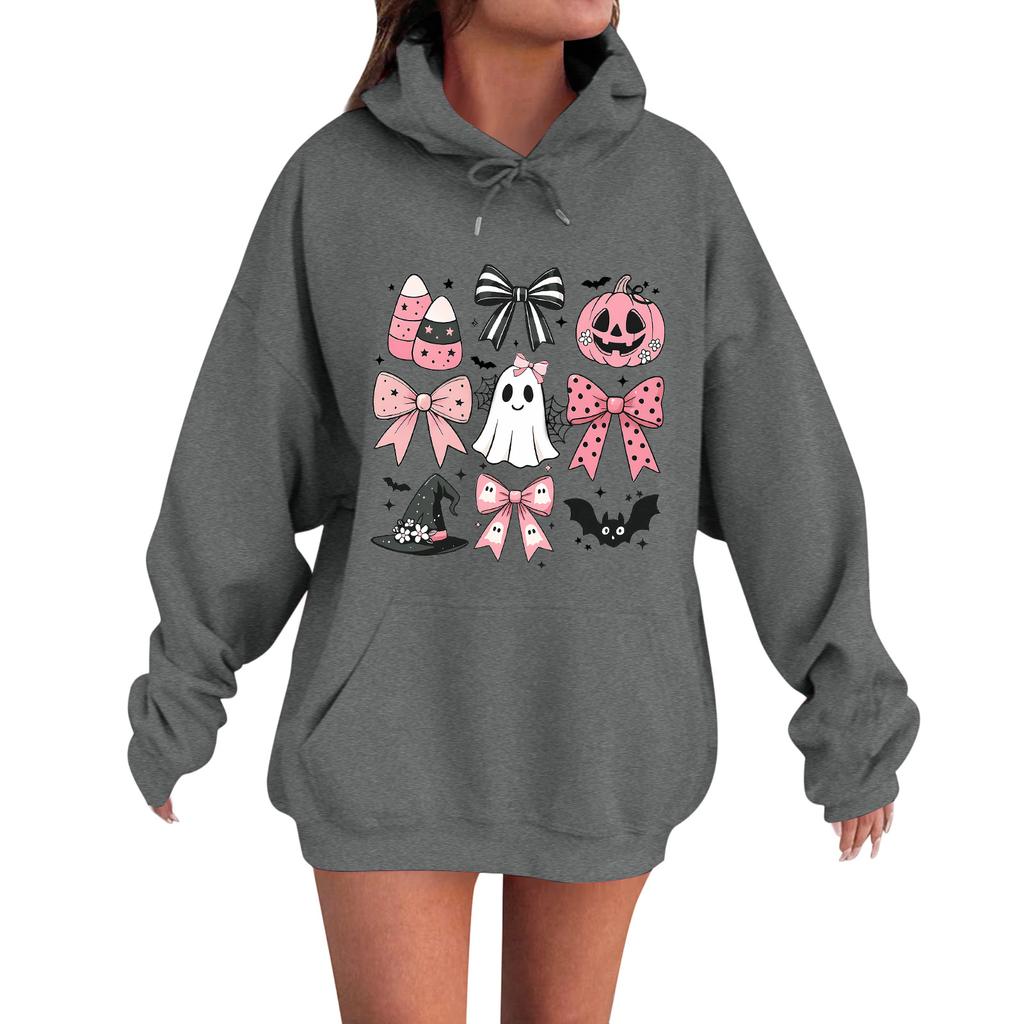 Women's Casual Fashion Comfortable Round Neck With Hood Long Sleeve Halloween Print Warm Sweatshirt