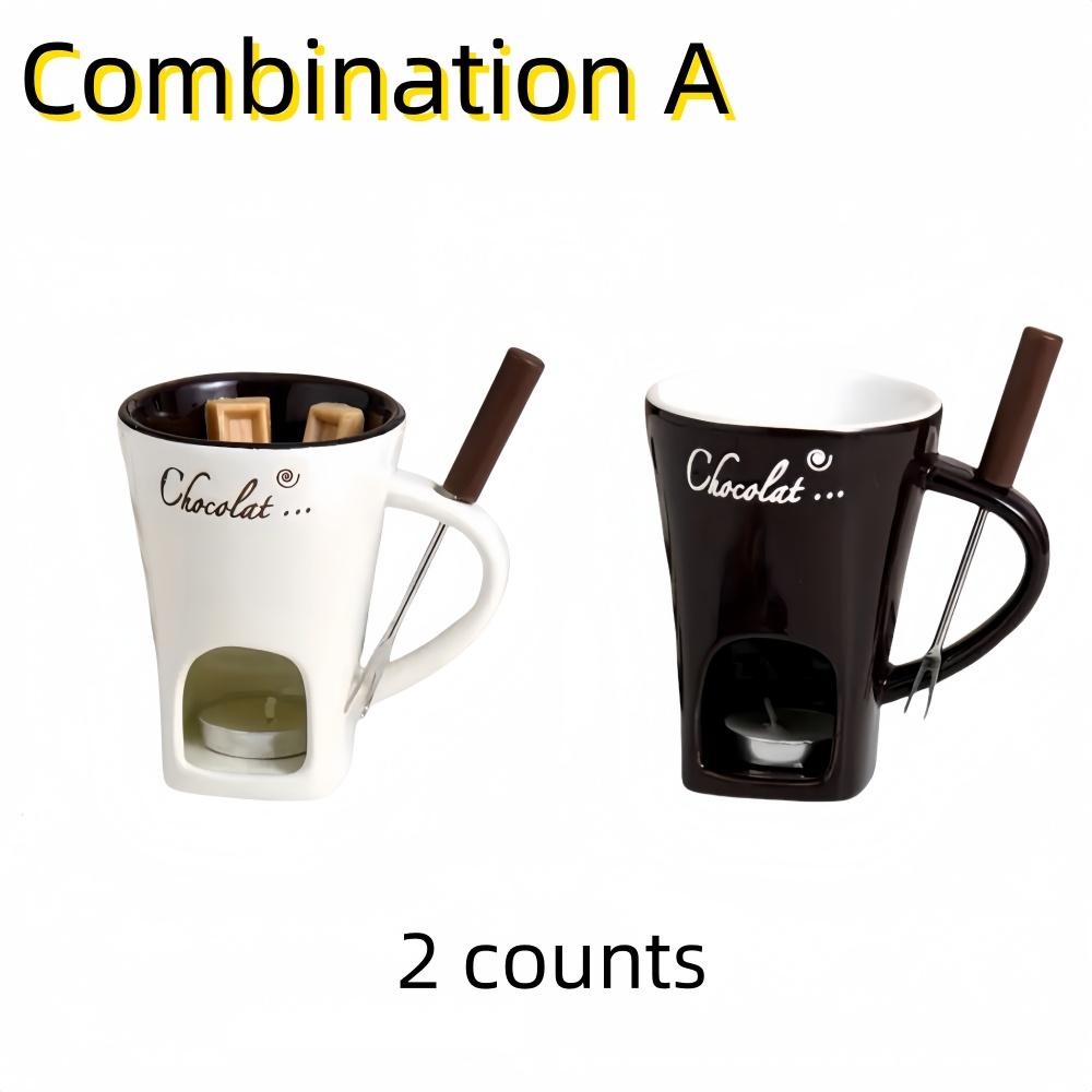Hot Sale 2 Pcs Ceramic Chocolate Fondue Cups | Valentine's Day Ice Cream Cheese Melting Bowls | Reusable with Forks