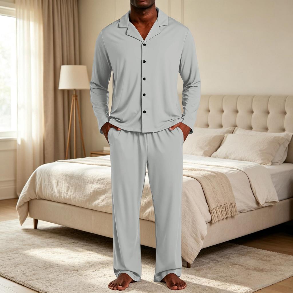 Herren-Pyjama-Set mit Reversknopfleiste und gerader Hose - Farbe Lockere Passform Nachtwäsche