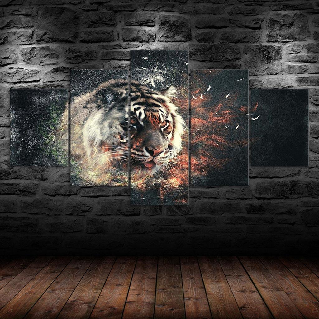 Tiger Face Abstract Art 5 Piece Five Panel Wall Canvas Print Modern Poster Picture Home Decor Gift For Him For Her