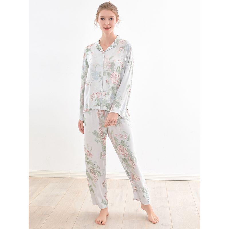 Retro Floral Pajamas Set Women's Summer Silky Rayon Cotton Silk Tribute Satin Long Sleeve Trousers Home Wear Set Women