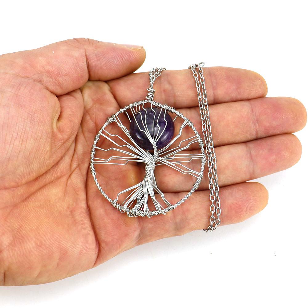 Hand-Wrapped Natural Crystal Agate Disc Tree Of Life Pendant Necklace N116