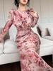 2025 Summer European & American U-Neck Long Sleeve Patchwork Slim Fit Printed Women's Dress
