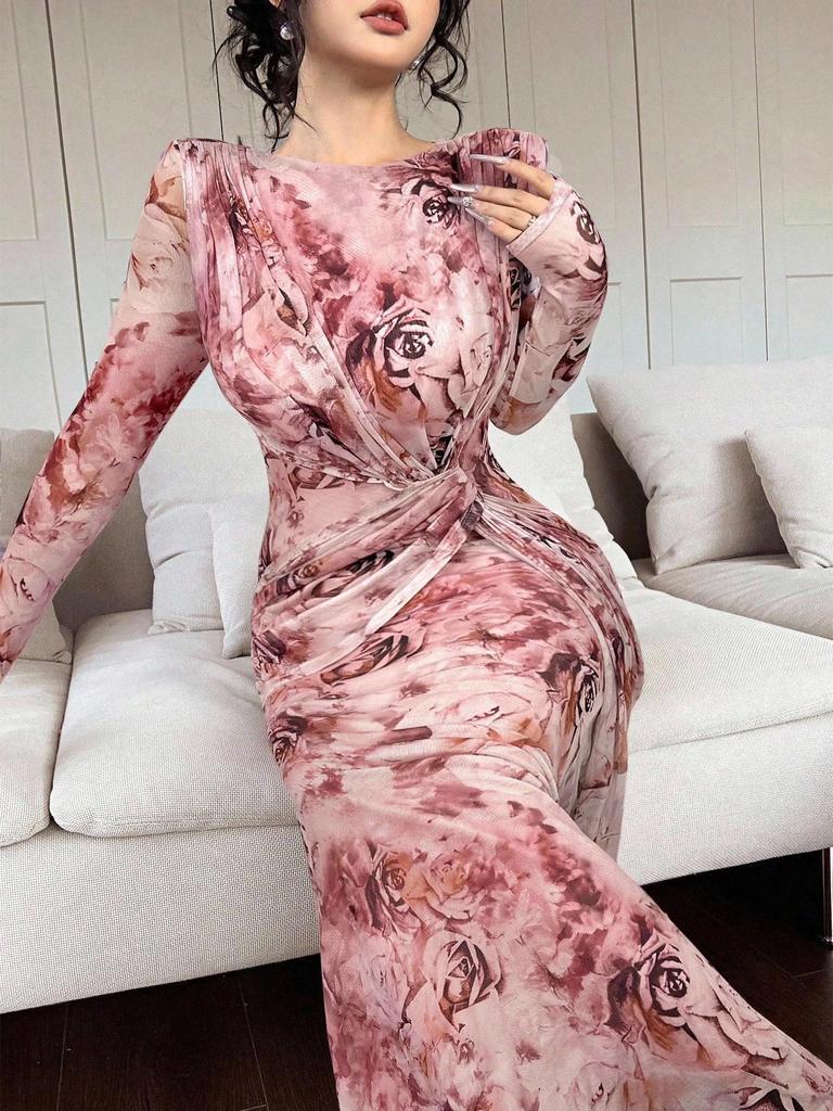 2025 Summer European & American U-Neck Long Sleeve Patchwork Slim Fit Printed Women's Dress