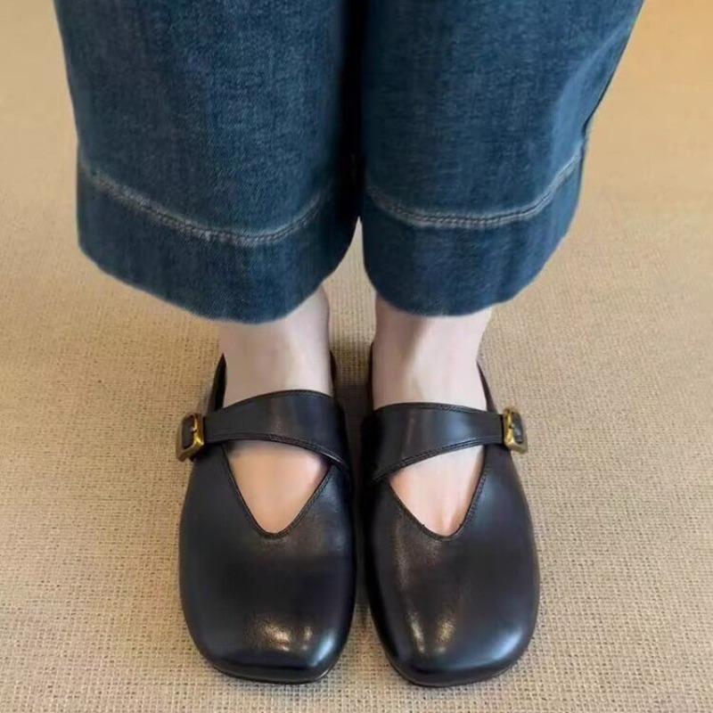 Fashion Retro Flat Baotou Half Slippers Women's Summer New Square Toe Shallow Mouth Metal One-word Buckle One-foot Slip-on Sandals
