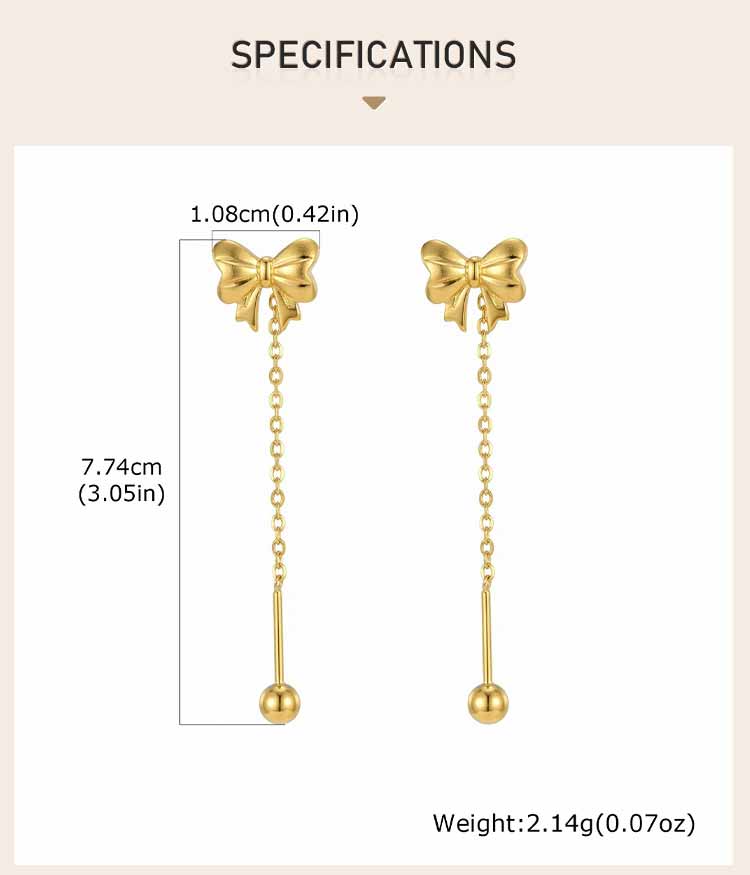 Bow Heart Drop Earrings for Women, Dainty Long Chain Threader Earrings , Minimalist 18K Gold Plated Temperament Jewelry