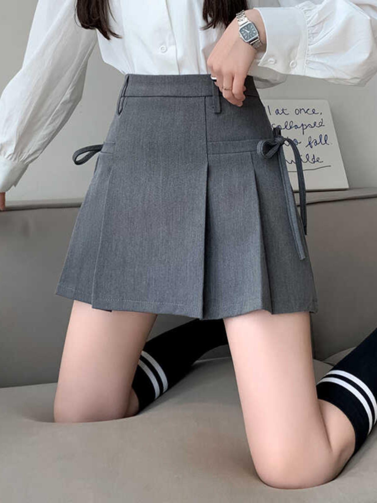 

Women s High Waist Tie-Up Pleated A-Line Mini Skirt - Summer Black Petite 3XL