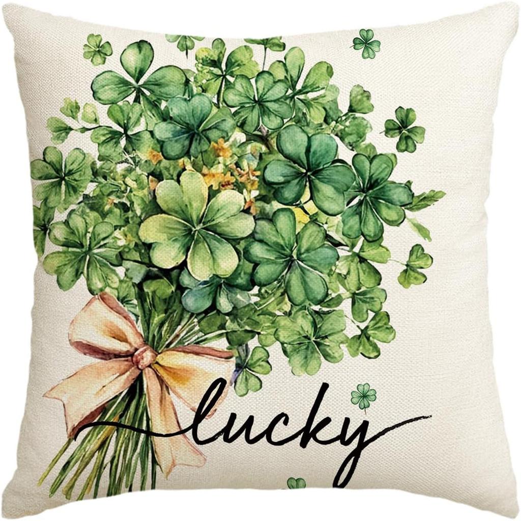 St. Patrick's Day Pillow Cover Line Printed Pillow Cover Green Four-leaf Crocodile Cushion Cover