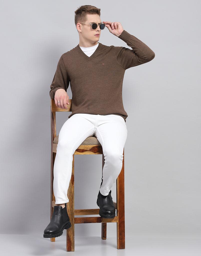 MONTE CARLO Mens Solid Brown V Neck Full Sleeve Pullover