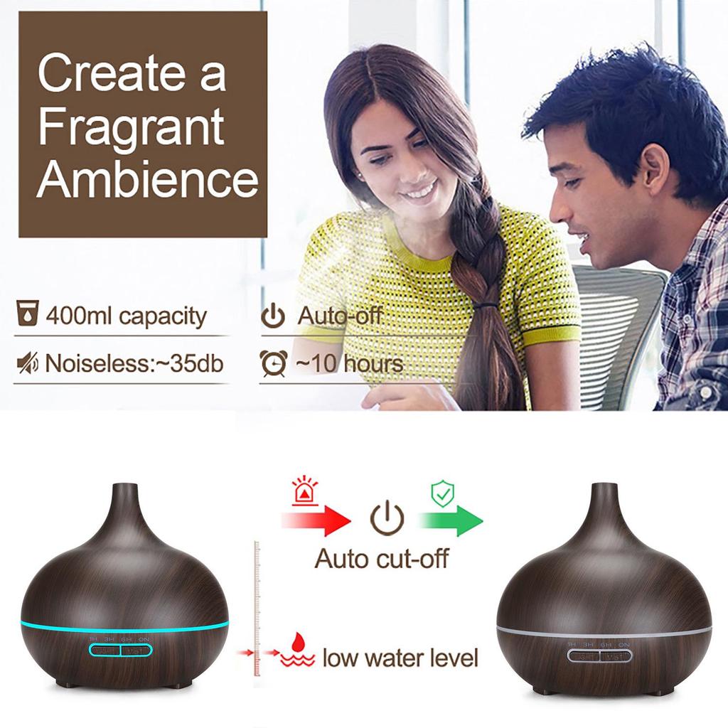 Wood Grain 400ml Ultrasonic Essential Oil Diffuser with Remote Control and Seven-Color LED