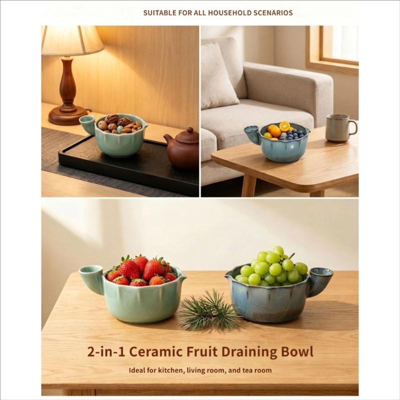 Small Produce Washing Bowl with Glazed Body, Center Water Guide and Drain Holes for Daily Kitchen Serving Use Often