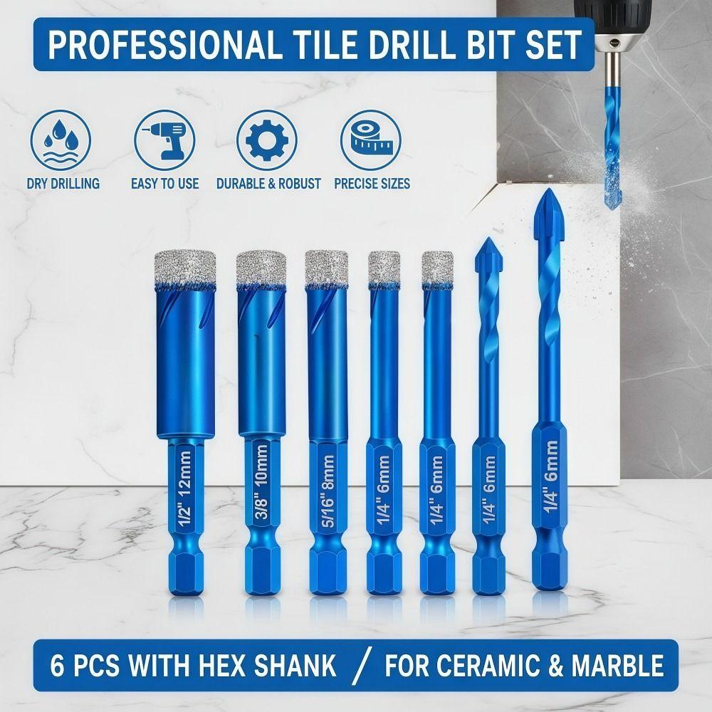Dia 6/8/10/12MM Dry Tile Drilling Bit 1/4 Inch Granite Drilling Bit Glass, Ceramics, Marble, Etc