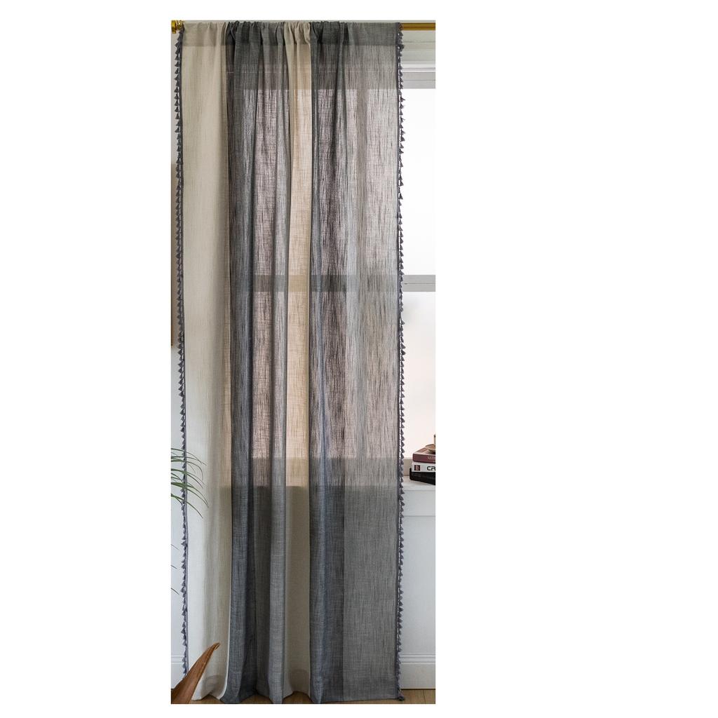 Finished Curtains Cotton And Linen Fabric Striped Color Matching Gray Fringed American Farmhouse Coffee Curtain