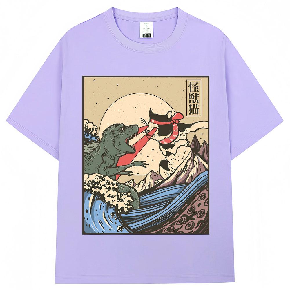 Japanese Style Kaiju Vs Cat Funny Meme Graphic Tshirts Men Women Fashion Vintage Manga T Shirts Oversized Cozy Cotton T Shirt