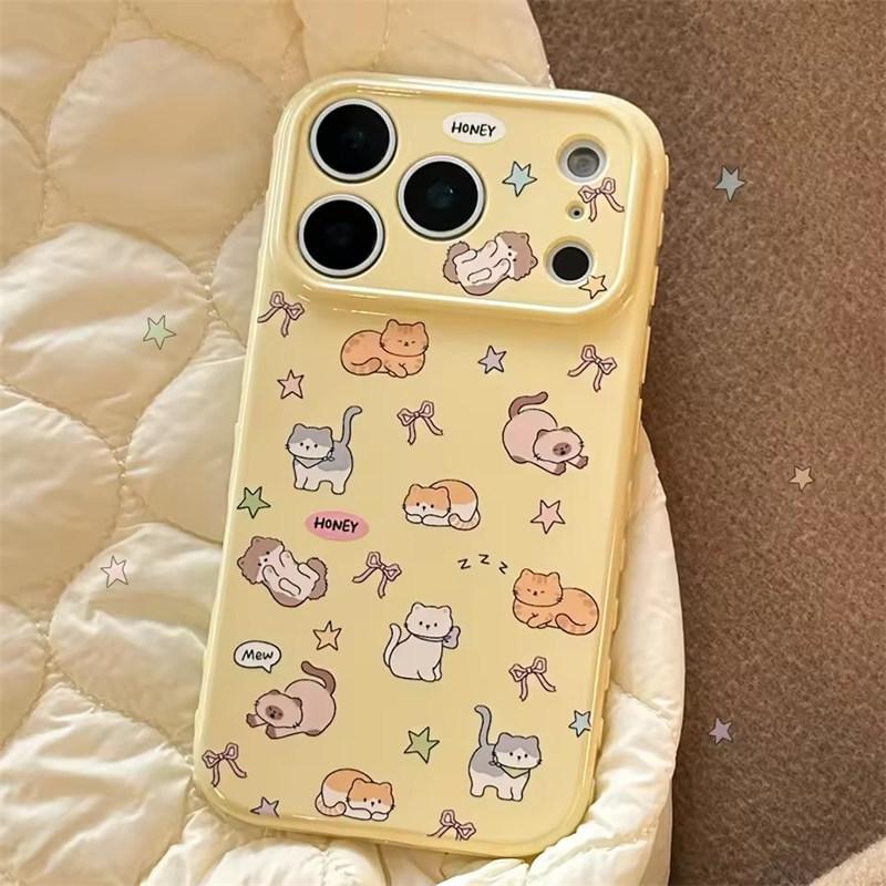 

Cute Cartoon Kitten Graffiti Soft Phone Case for iPhone 17 16 15 14 13 12 11 Pro Max Plus Camera Lens Protective Shockproof Cover iPhone 11 жовтий