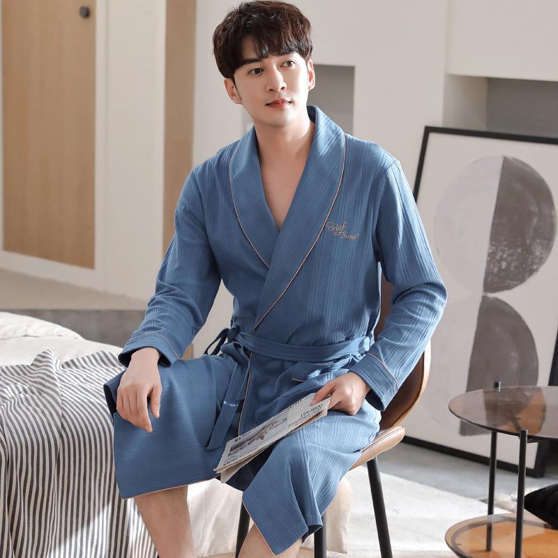 Men'S Nightgown Spring And Autumn Long-Sleeved Pure Cotton Long Bathrobe Pajamas Cotton Integrated Thin Large-Size Bathrobe Dressing Gown