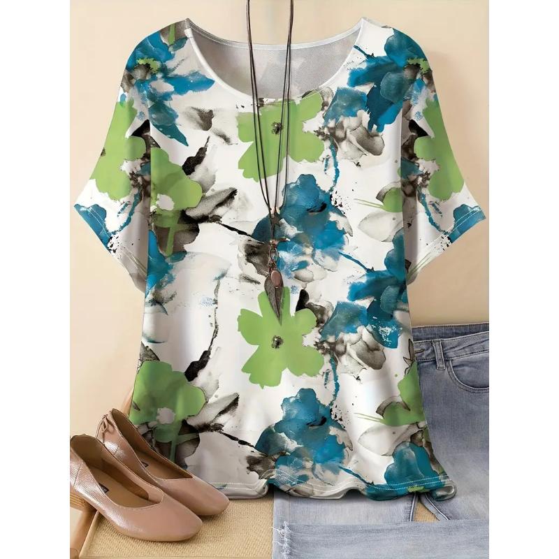 Summer women's new loose 3D printing round neck casual large size women's T-shirt